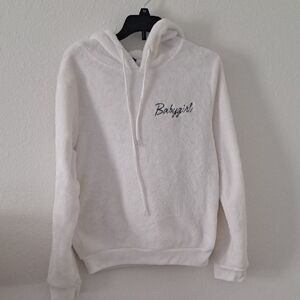 White Fuzzy Hoodie with Embroidered Text